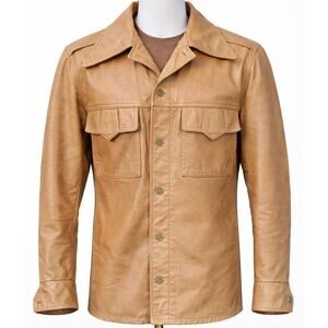 Vtg Leather Shirt Jacket Men M 36 Burnt Yellow Tan Hippy Mod Safari USA